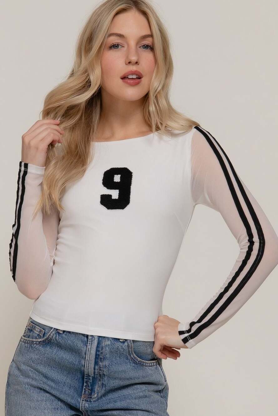 White and Black Varsity Number 9 Contrast Stripe Sheer Long Sleeve Top